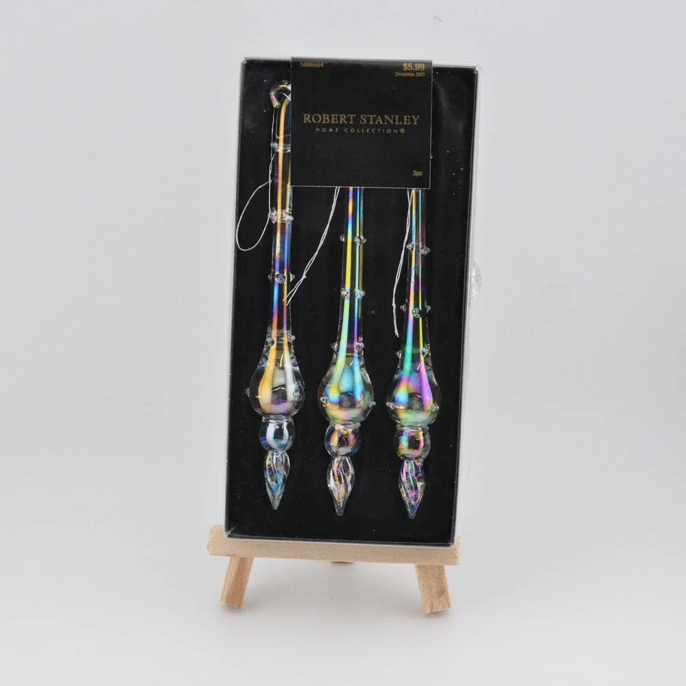 Robert Stanley Icicle Ornaments 3pc Iridescent Glass New Holiday Decor 2021